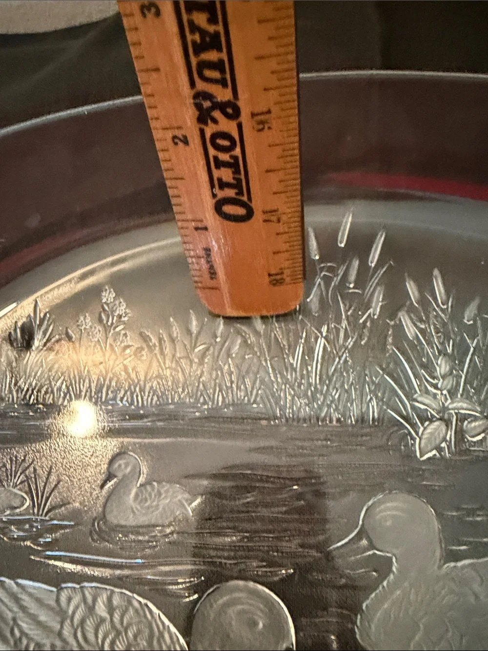 Vintage frosted Glass Duck-Scene Serving Platter embossed pond scene.